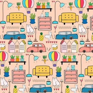 Hand Drawn Doodle Living Pattern Background. Vector Illustration. Stock Illustration