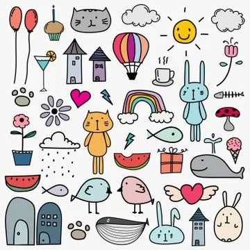 Hand Drawn Doodle Lovely Vector Set For Kid. Stock Illustration