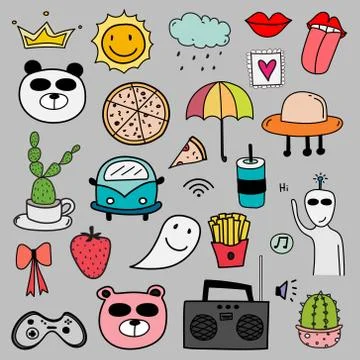 Hand Drawn Doodle Lovely Vector Colorful Set. Doodle Funny Set. Stock Illustration