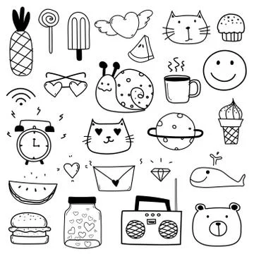 Hand Drawn Doodle Lovely Vector Set For Kid. Doodle Funny Set. Stock Illustration