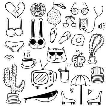 Hand Drawn Doodle Lovely Vector Set. Doodle Funny Set. Stock Illustration