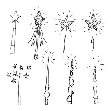 Hand drawn doodle magic wand set. Perfect for invitation Stock Illustration