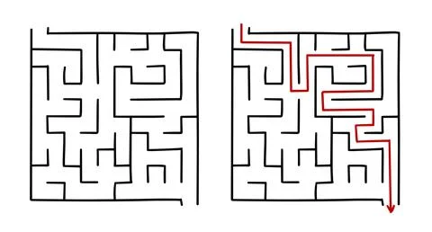 Hand drawn doodle maze with solution path in outline style, isolated on white Illustrazione stock