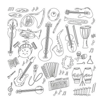 Hand drawn doodle musical instruments. Classical and jazz orchestra. Vector i Stock Illustration