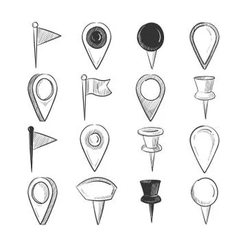 Hand drawn doodle navigation pins set Illustrazione stock