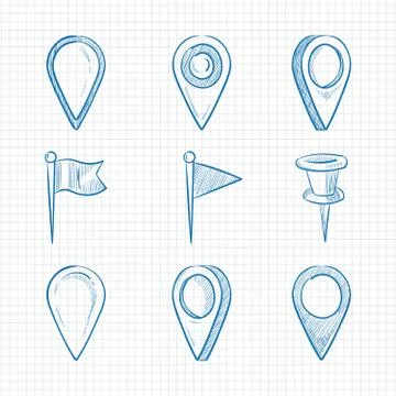Hand drawn doodle navigation pins Illustrazione stock