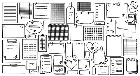 Hand drawn doodle note set, sticky memo sheets Stock Illustration