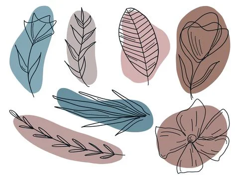 Hand drawn doodle objects, shapes, spots, leaf, flower, plants, freehand line Stock Illustration