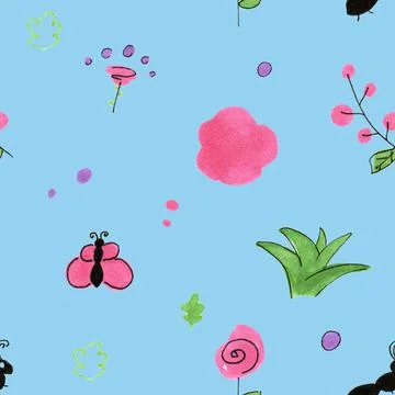 Hand drawn doodle pattern on a blue background for kids room Stock Illustration