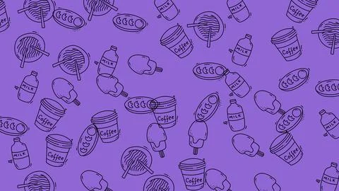 Hand Drawn Doodle Pattern of Drinks and Food Items on Purple Background. 스톡 일러스트