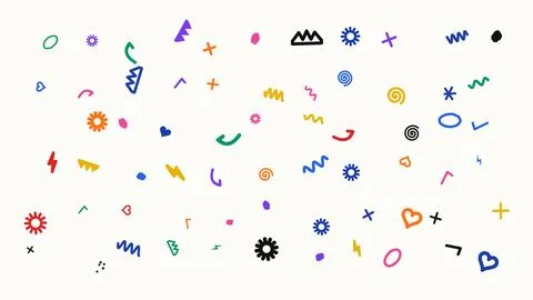 Hand-Drawn Doodle Pattern Elements Set Featuring Various Colorful Abstract .. Illustrazione stock