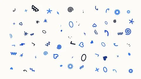 Hand-Drawn Doodle Pattern Featuring Various Abstract Shapes and Symbols in Bl Stock Illustration