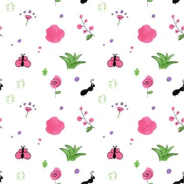 Hand drawn doodle pattern. Plant, ant, butterfly, flowers. decor items for kids Stock Illustration