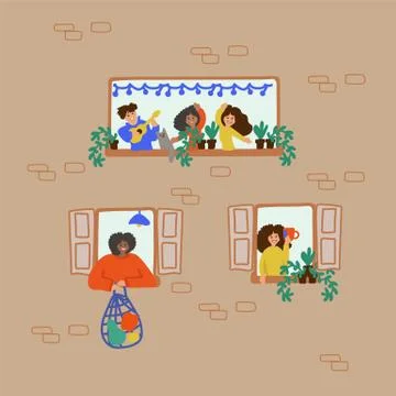 Hand-drawn doodle people in the window. Vector illustration showing family and Stock Illustration