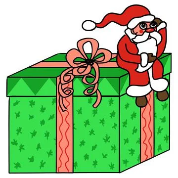 Hand-drawn doodle of a puzzled Santa Claus sitting on top of a huge gift box Stock Illustration