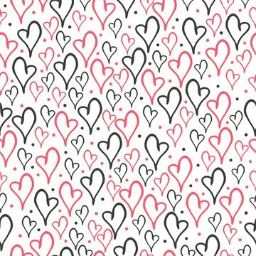 Hand drawn doodle red and black hearts seamless pattern on white background 스톡 일러스트