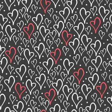 Hand drawn doodle red and white hearts seamless pattern on black background Stock Illustration