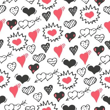 Hand drawn doodle red, black and outline hearts seamless pattern on white Stock Illustration