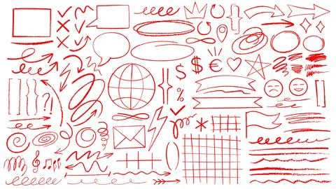 Hand drawn doodle red crayon pencil lines, shapes 스톡 일러스트