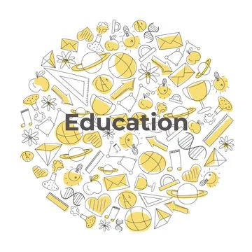 Hand drawn doodle for school theme in circle frame with yellow spots, educatinal Stock Illustration