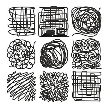 Hand drawn doodle scribble chaos path messy lines set Ilustración de archivo