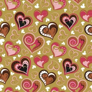 Hand drawn doodle seamless pattern of hearts. Pink brown hearts on light Illustrazione stock