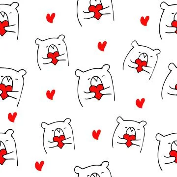 Hand-drawn doodle seamless pattern cute bear with hearts. Elements for Valentine Stock Illustration