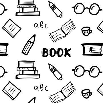 Hand drawn doodle seamless pattern, education concept background. Simple vect Stock Illustration