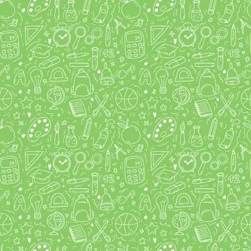 Hand drawn doodle seamless pattern with school icons on green background. Vector Stock Illustration
