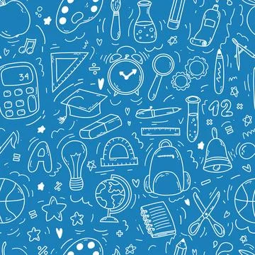 Hand drawn doodle seamless pattern with school icons on blue background. Vector Stock Illustration
