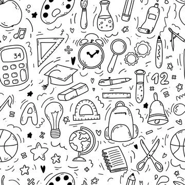 Hand drawn doodle seamless pattern with school icons on white background. Vec Stock Illustration