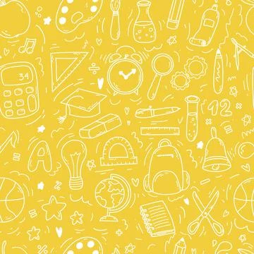 Hand drawn doodle seamless pattern with school icons on orange background. Ve Stock Illustration