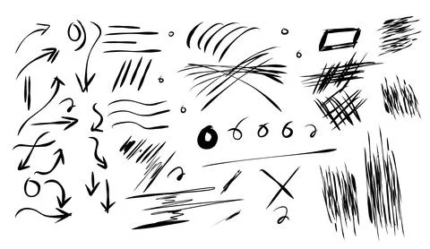 Hand drawn doodle set with arrows lines and abstract shapes in black ink on Stock Illustration