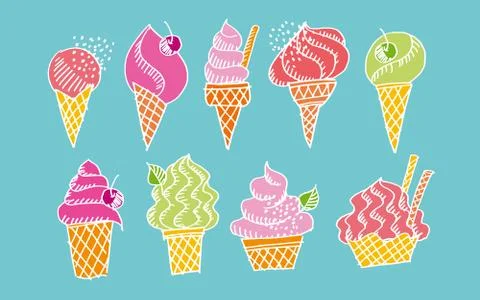 Hand drawn doodle set of assorted ice cream types. Waffle cone, cup ice cream Illustrazione stock