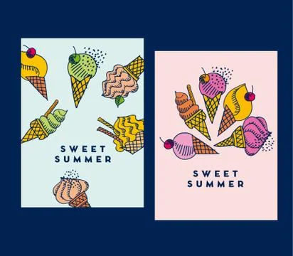 Hand drawn doodle set of assorted ice cream types. Waffle cone, cup ice cream Illustrazione stock