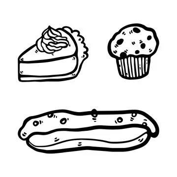 Hand-drawn doodle set of bakery desserts including a pie slice Illustrazione stock
