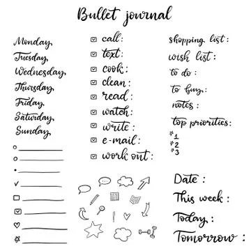 Hand drawn doodle set for Bullet journal vector illustration. Stock Illustration