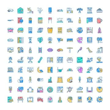 Hand drawn doodle set of colorful universal icons Stock Illustration