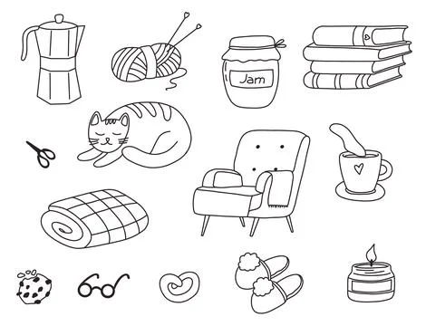 Hand drawn doodle set of cozy home elements including cat, armchair, books, yarn Stock Illustration