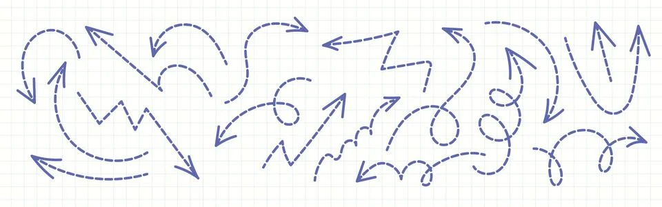 Hand-drawn doodle set of dashed arrows on graph paper Illustrazione stock