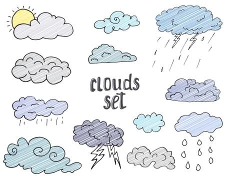 Hand drawn Doodle set of different Clouds, sketch Collection  vector illustra Stock Illustration