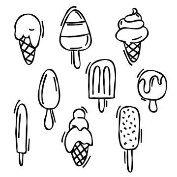 Hand drawn doodle set of different types of ice cream: waffle cone, popsicl.. Stock Illustration