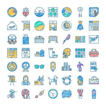Hand drawn doodle set of diverse colorful icons Illustrazione stock