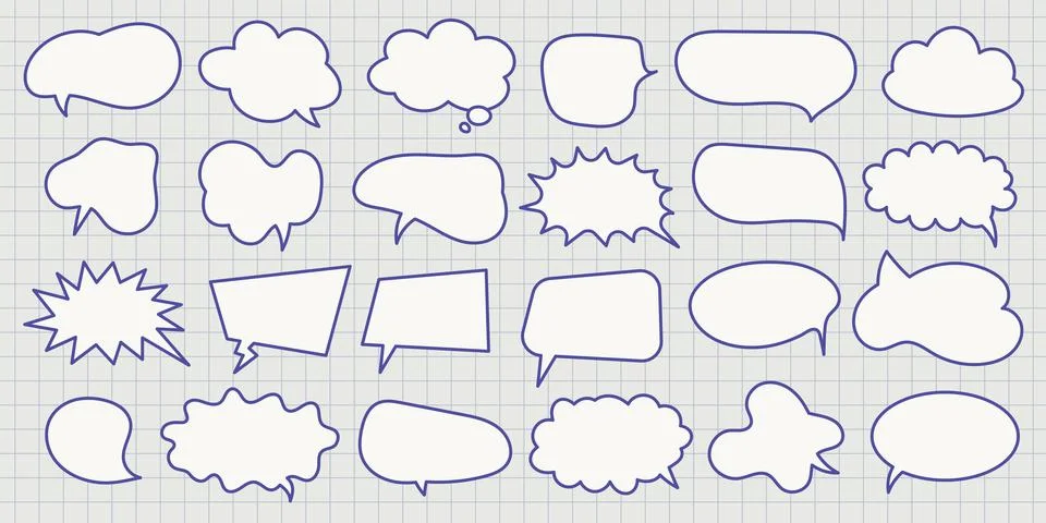 Hand-drawn doodle set of empty speech bubbles and thought clouds Illustrazione stock