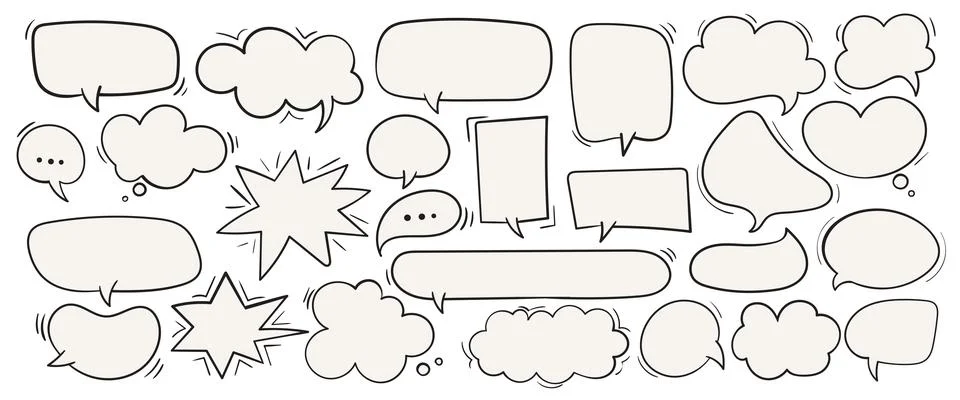 Hand-drawn doodle set of empty speech bubbles and thought clouds Stock Illustration