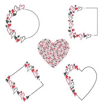 Hand drawn doodle set frame with red, pink and black hearts. Simple elements Stock Illustration