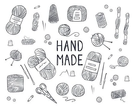 Hand drawn doodle set of hand made, knitting and sewing elements Stock Illustration