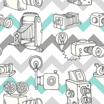 Hand-drawn doodle set of retro cameras Stock Illustration