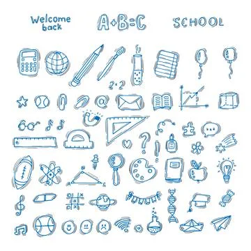 Hand drawn doodle set of school objects and symbols. Sketchy elements. Back.. Illustrazione stock