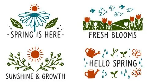 Hand-drawn doodle set with simple spring illustrations and text Stock Illustration